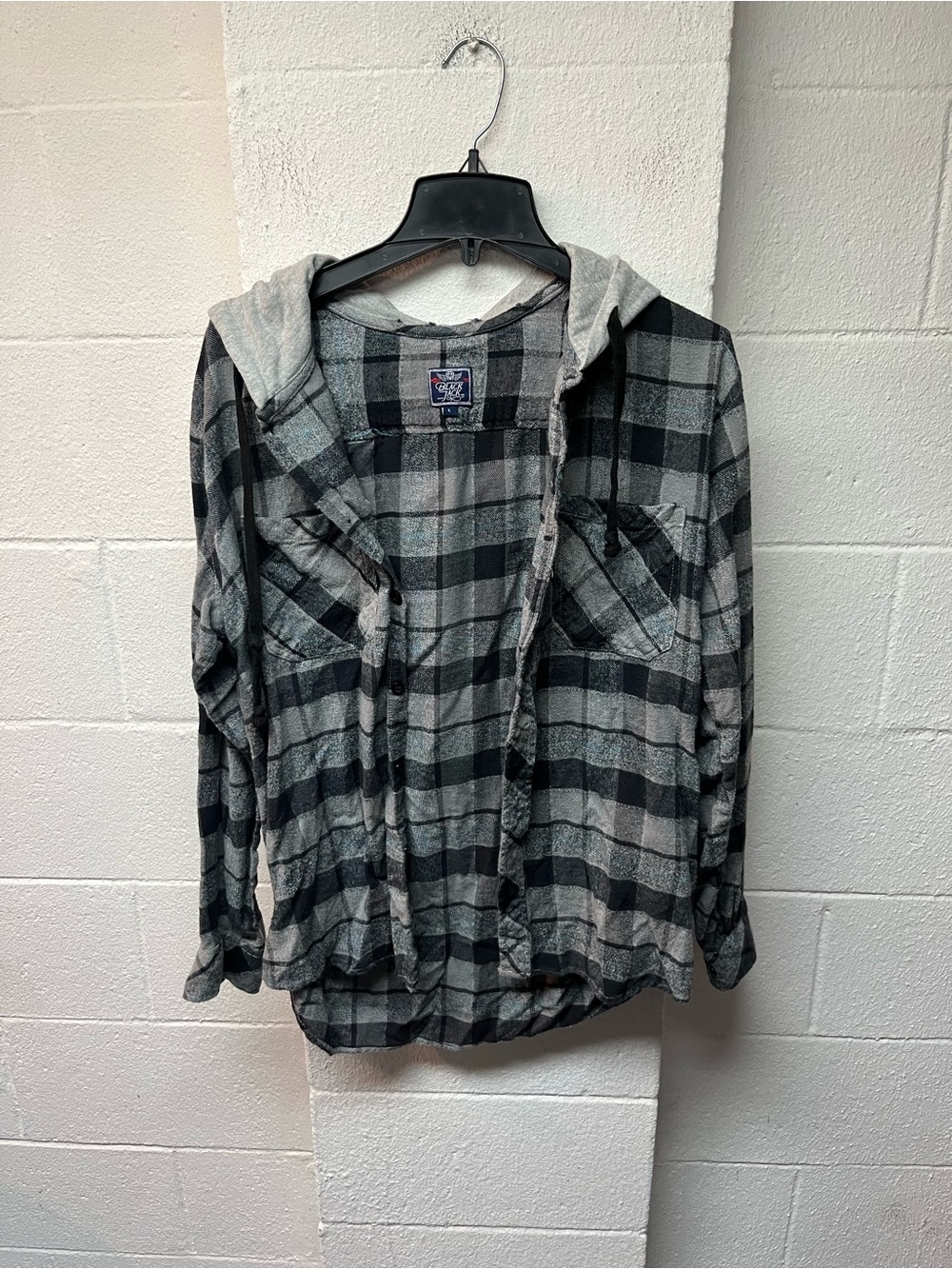Men's Gray & Black Plaid Hooded Button-Down Shirt